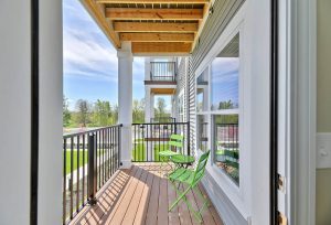 An outside patio in a independent living apartment at Legacy Village