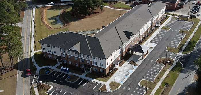 aerial shot of Ash Branch Manor, senior living apartments in Pembroke, GA.